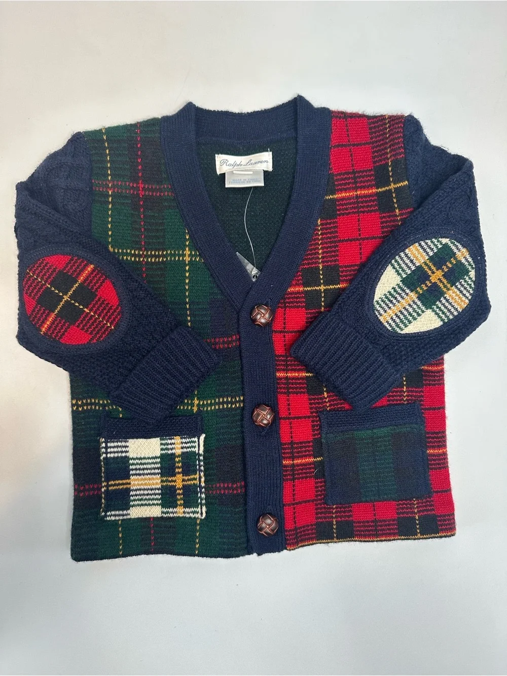Ralph Lauren Navy, Red & Green Plaid Cardigan with Elbow Patches